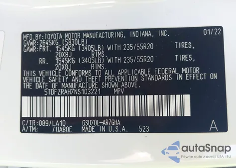 2022 Toyota Highlander Platinum z USA, uszkodzony, nr VIN 5TDFZRAH7NS103221